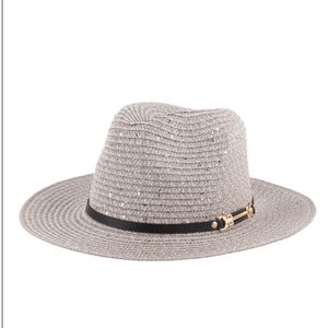 Gray Panama Brim Summer Hat Leather Strap Gold-tone Accent Sequence Bling Boho